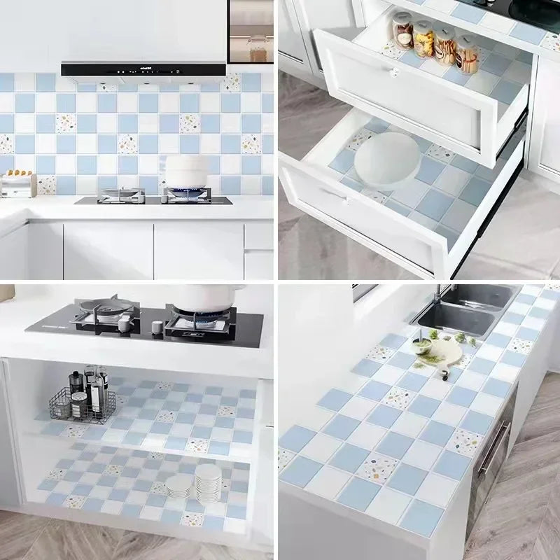 White and blue checkered self-adhesive kitchen splashback sticker used as a decorative backsplash.