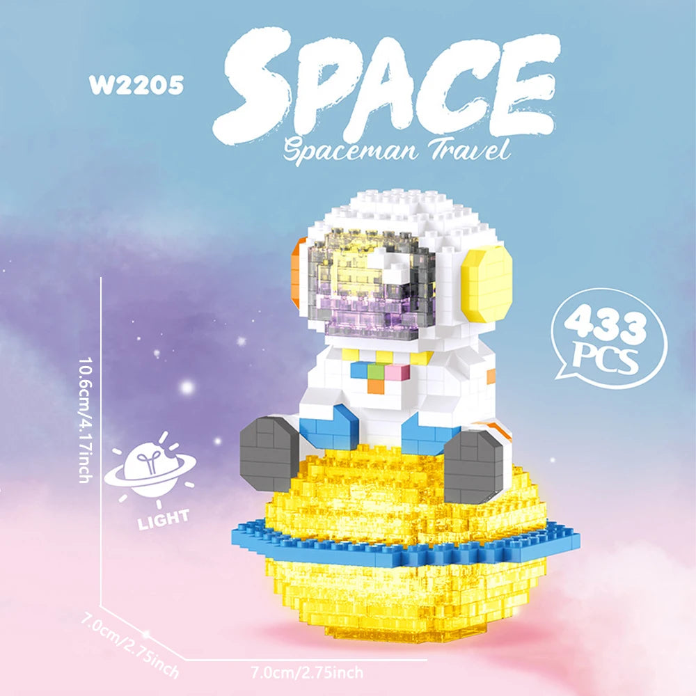 A white astronaut figure is built on a golden platform, featuring translucent purple and yellow components.