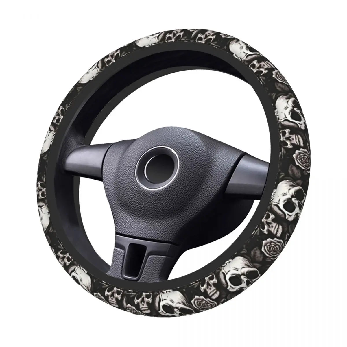 Black steering wheel cover with a skull design and anti-slip grip.