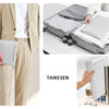 A beige PU leather laptop sleeve is shown being carried by a person and packed in a gray suitcase.