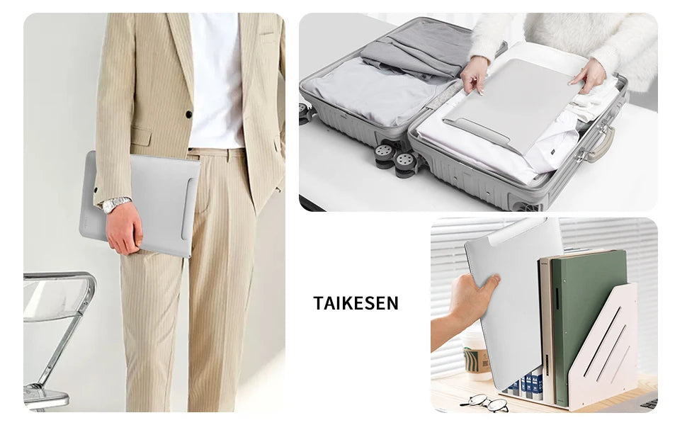A beige PU leather laptop sleeve is shown being carried by a person and packed in a gray suitcase.