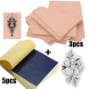 A kit containing 3 sheets of skin and thermal transfer paper and 5 sheets of blue paper with a floral tattoo design.
