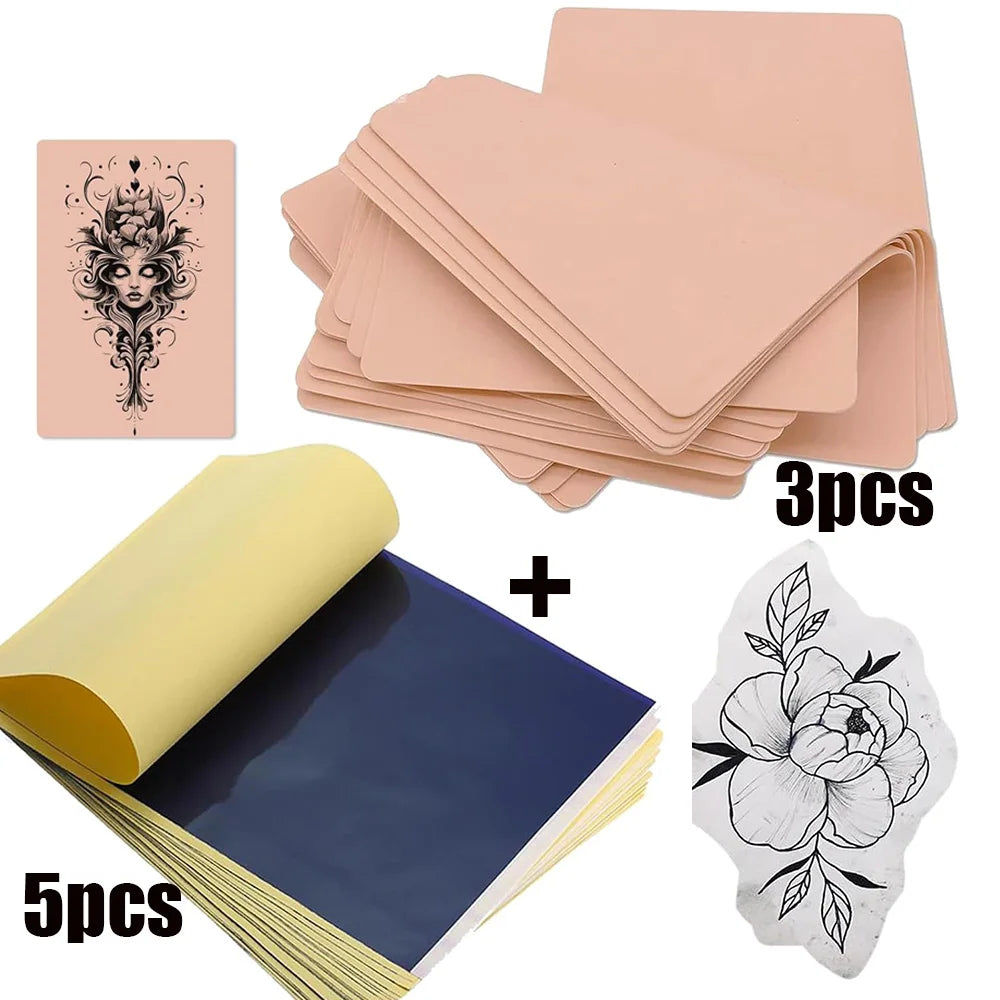A kit containing 3 sheets of skin and thermal transfer paper and 5 sheets of blue paper with a floral tattoo design.
