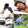 A collage showing hands wearing compression arthritis gloves in various contexts: holding a smartphone, resting on a bed, and