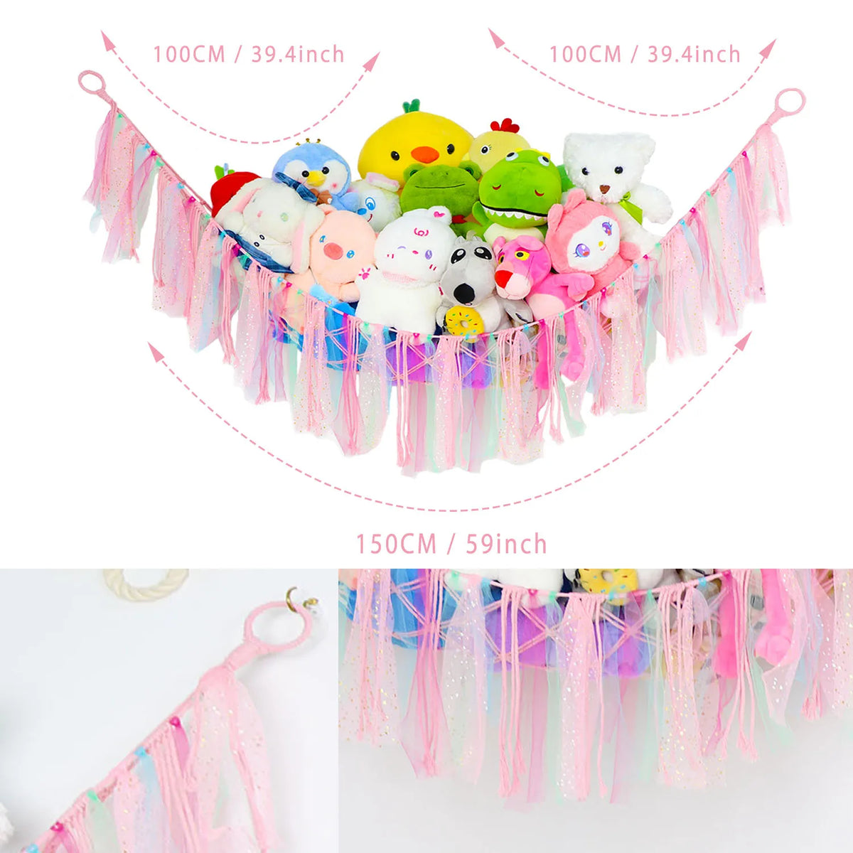 Bohemian handwoven corner toy storage net with colorful stuffed animals and pink tassels