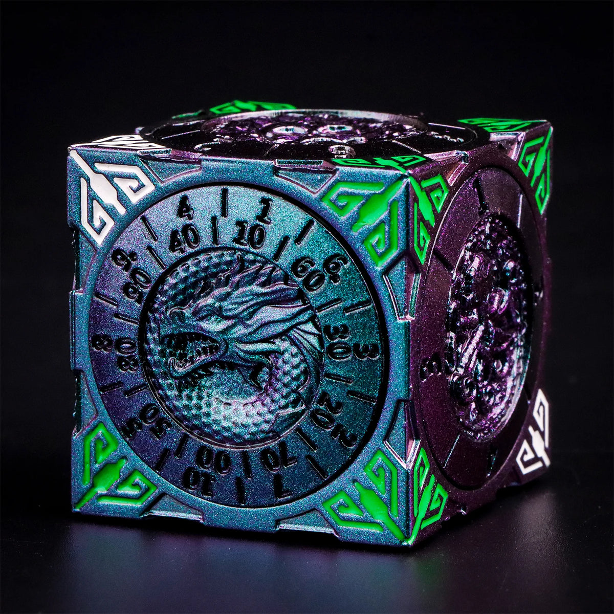 A vibrant, multi-faceted metal spinner dice cube with iridescent purple and neon green accents.