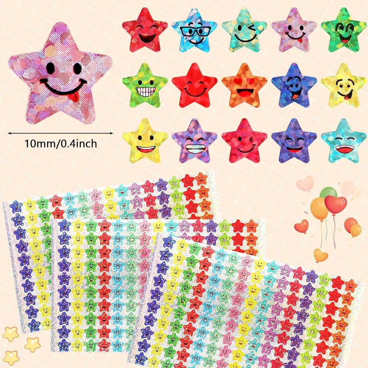 A collection of colorful glitter star stickers featuring various happy face designs and shapes.