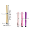 Three reusable metal injection pens in gold, pink, and purple displayed vertically with dimension markers.