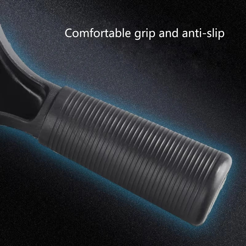 A close-up view of a black car window squeegee with a textured grip and soft rubber blade.