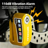 A yellow vibration alarm disc brake lock device is shown attached to a motorcycle component.