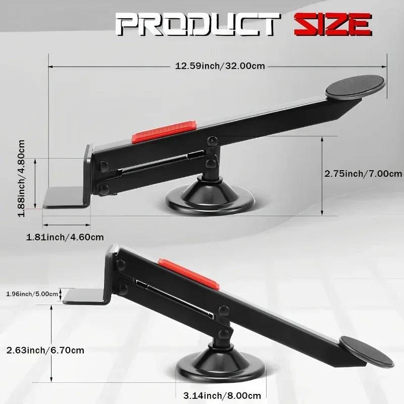 A black heavy-duty steel door lift tool is shown with various dimensions and angles.