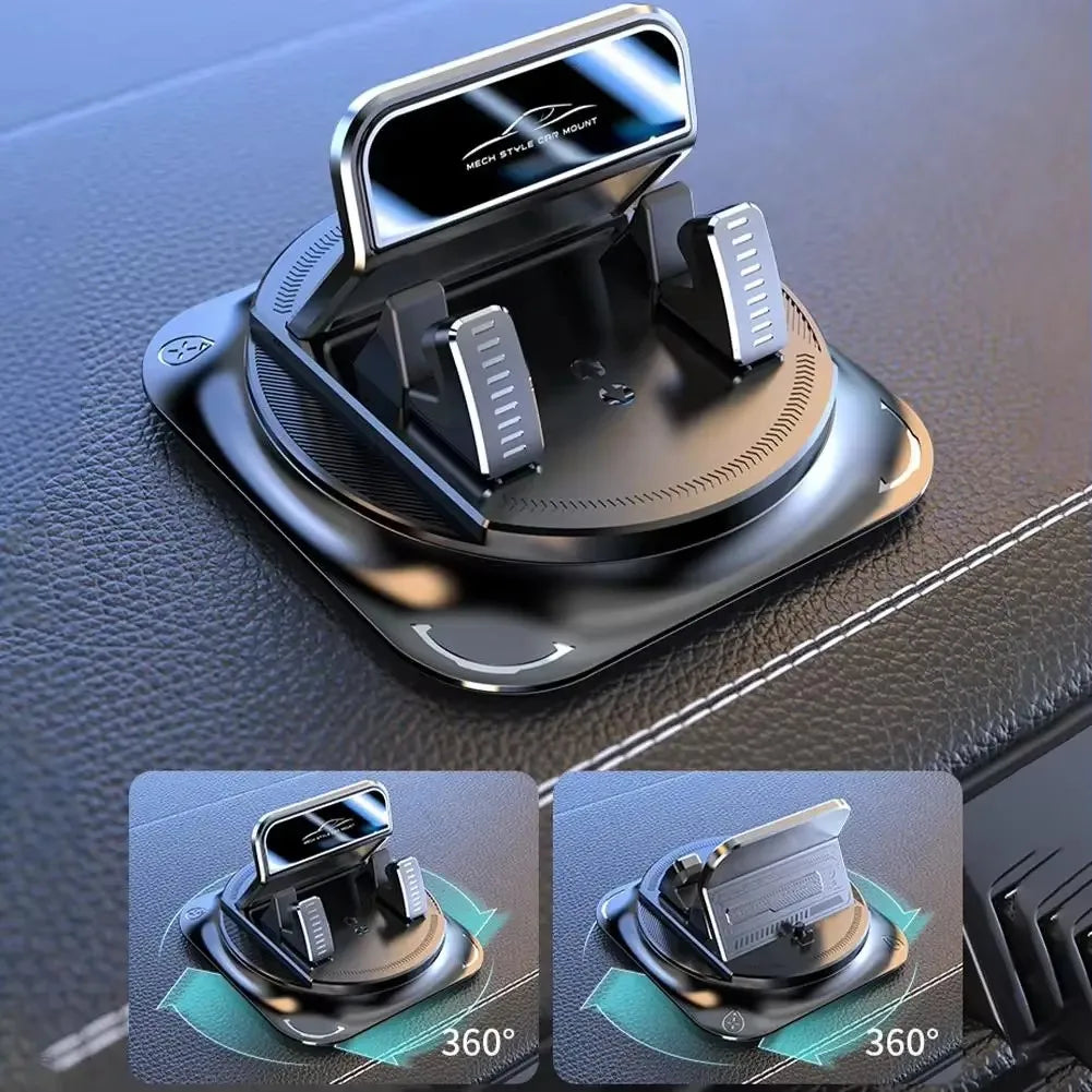 A black 360 degree rotatable car phone mount with a nano-gel base shown in various angles.