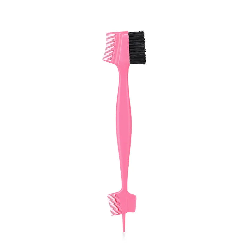 A pink edge control brush with black bristles for styling hairlines and wigs.