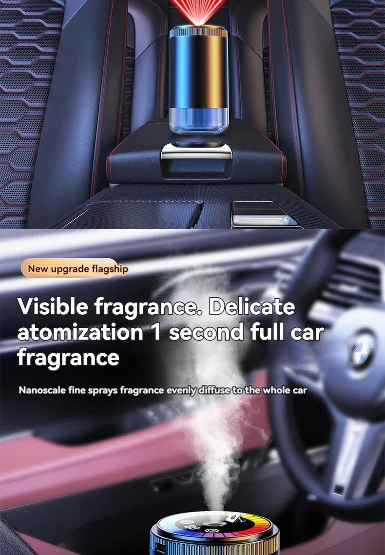Close-up of a car interior showing a visible fragrance mist diffusing into the air from a diffuser.