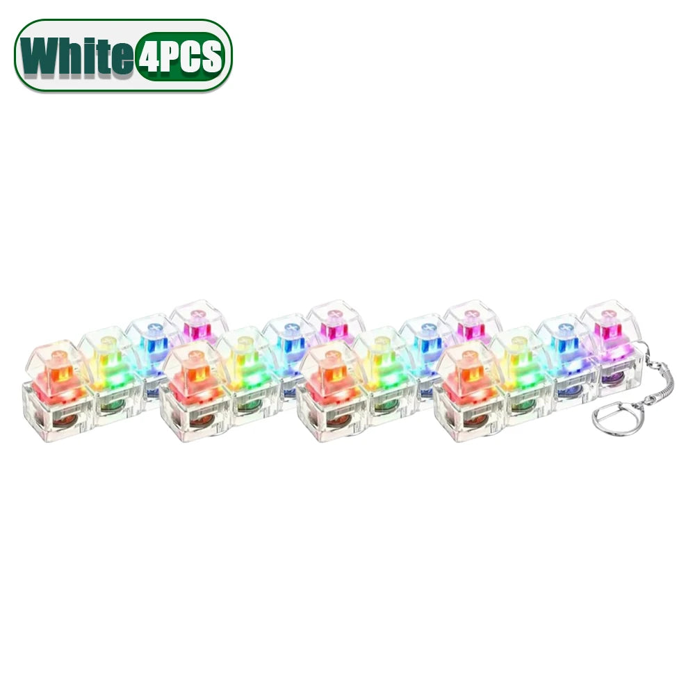 Four white LED clickable fidget keychains with keyboard designs.