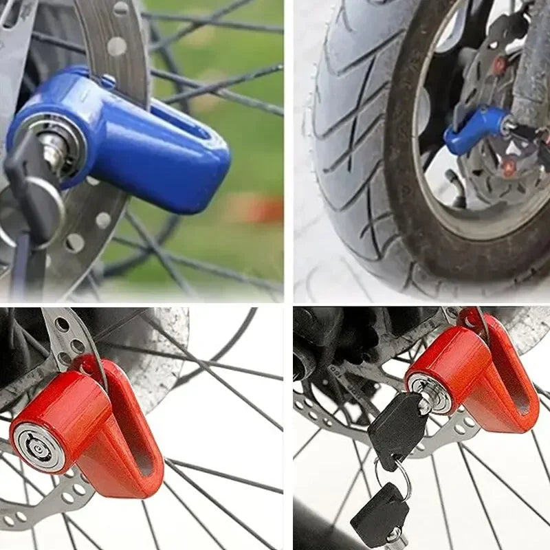 Close-up view of anti-theft disc brake locks for motorcycles and bikes, showing blue and red locking mechanisms.
