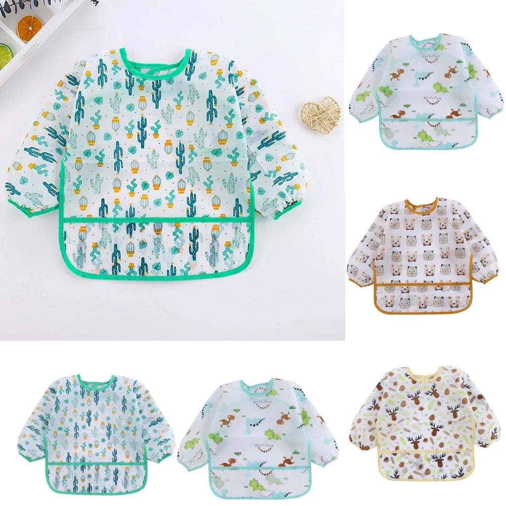 A set of kids waterproof long sleeve art smock and feeding bib featuring various nature-themed patterns.