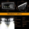 LED fog light assembly for Chevy Silverado, Tahoe, Suburban & GMC Yukon showing various dimensions and a close-up of the ligh