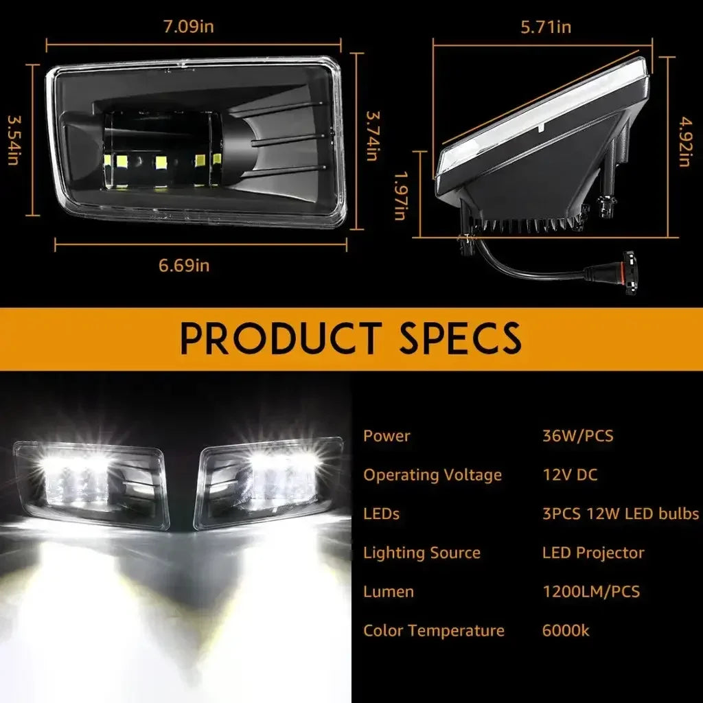 LED fog light assembly for Chevy Silverado, Tahoe, Suburban & GMC Yukon showing various dimensions and a close-up of the ligh