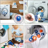 Reusable laundry balls used for pet hair and lint removal, shown in various laundry contexts.
