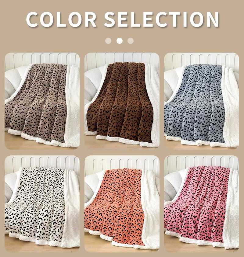 A collection of leopard print plush jacquard throw blankets in various shades and textures displayed on a light wooden surfac