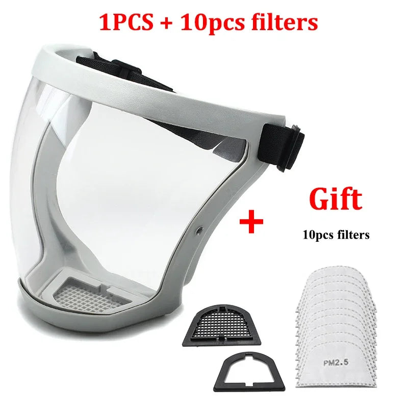 A clear protective face mask with an anti-fog shield and silicone seal shown next to ten replacement filters.