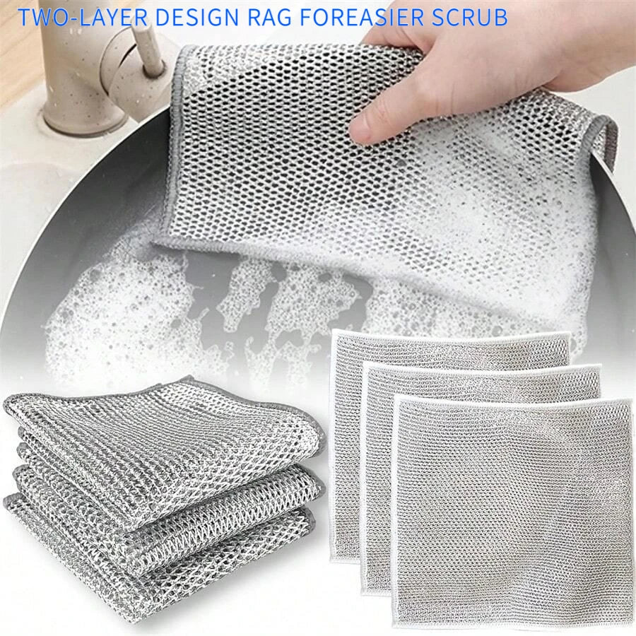 Two-layer design rag for easier scrub featuring a gray mesh cleaning cloth and stacked cloths.