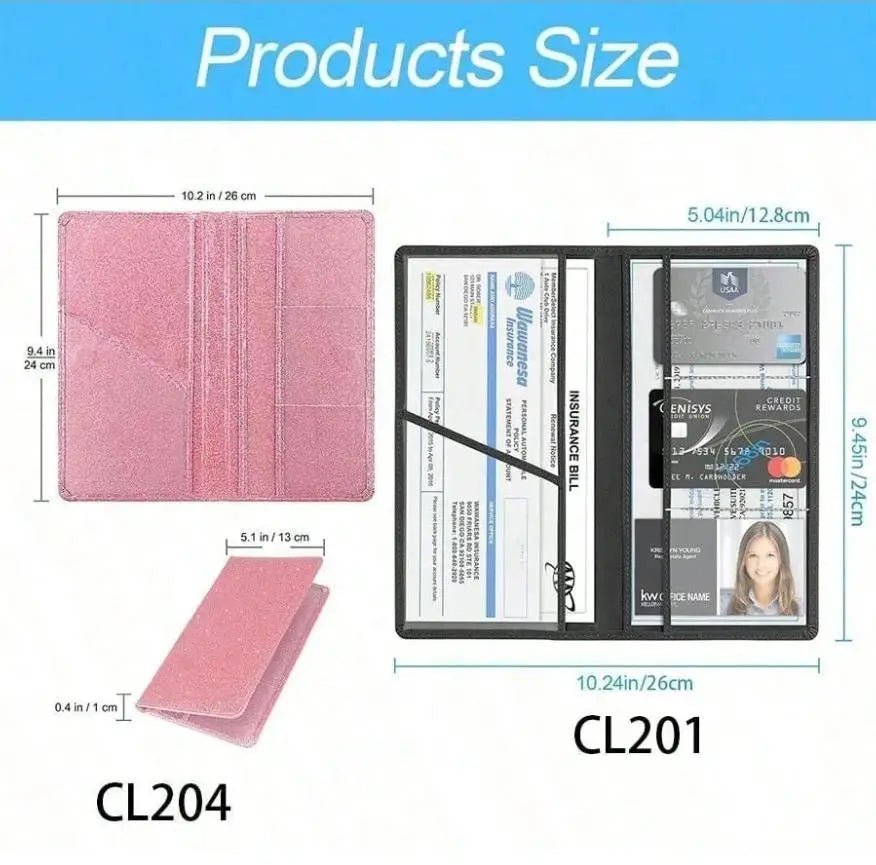 Pink car document organizer showing various card slots and sizes.
