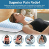 A person is shown using a supportive pillow for pain relief, with icons illustrating relief from head pain, neck pain, should