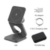 A foldable magnetic wireless charging stand with an EU adapter, charging cable, and portable bag.