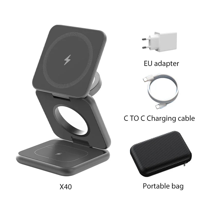 A foldable magnetic wireless charging stand with an EU adapter, charging cable, and portable bag.