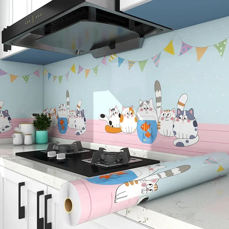 A roll of self-adhesive kitchen splashback sticker featuring cute cat designs for waterproof and heat resistant wallpaper.