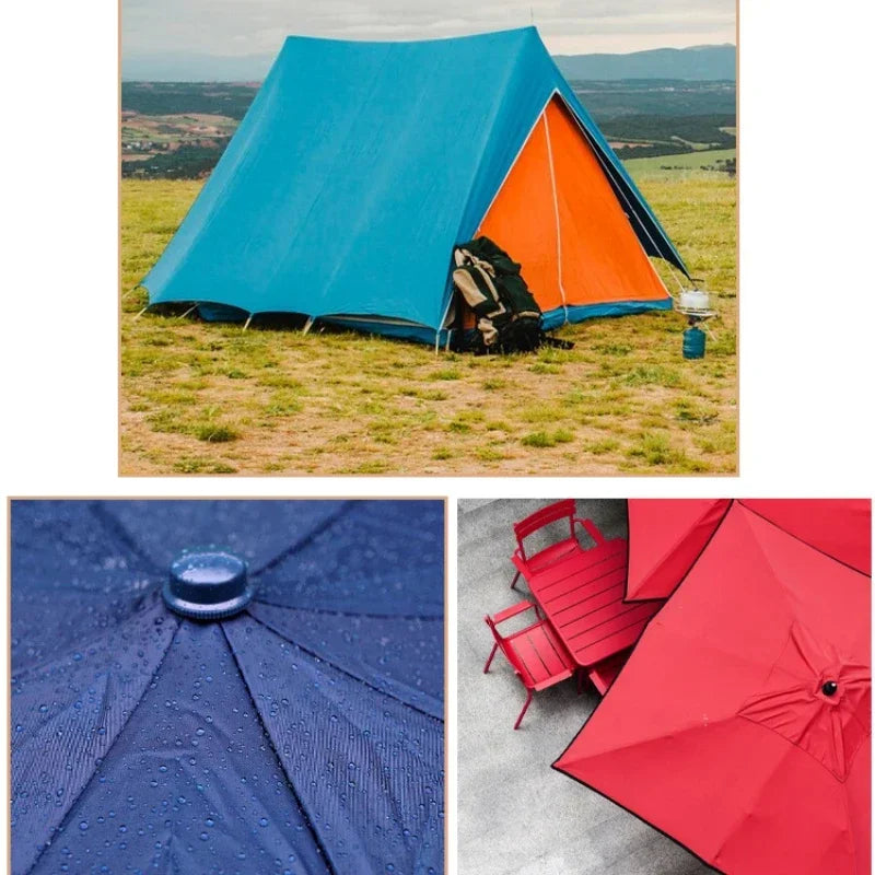 A close-up view of a blue waterproof tent fabric with water droplets on the surface.