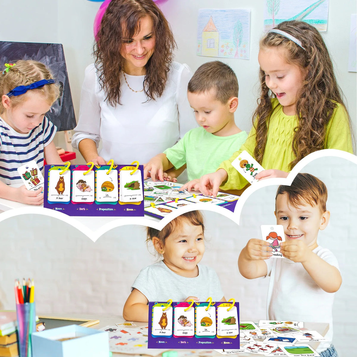 A group of children and an adult are engaged in learning activities using a Montessori English Learning Flip Chart for Kids.