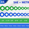 A set of 21 magnetic sockets, including SAE and metric sizes, displayed in green and blue.