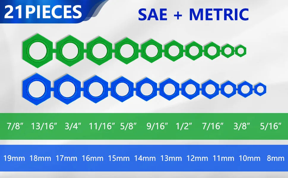 A set of 21 magnetic sockets, including SAE and metric sizes, displayed in green and blue.