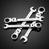 A set of chrome flex-head ratcheting wrenches with various sizes and tooth counts displayed on a dark surface.