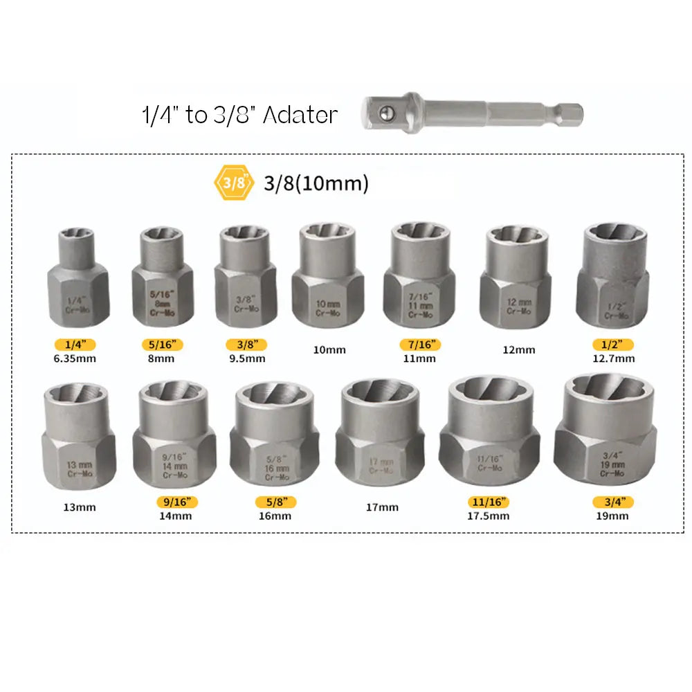 A set of 14 impact bolt and nut extractors with various sizes and a storage case.