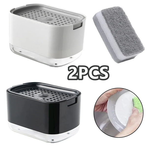 A set of two dish soap dispensers, one white and one black, with a sponge holder shown in detail.