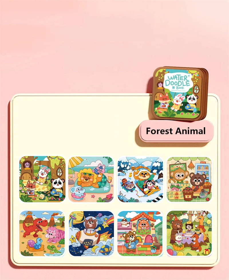 A reusable water doodle book featuring forest animals like bears, deer, and rabbits on a light pink background.