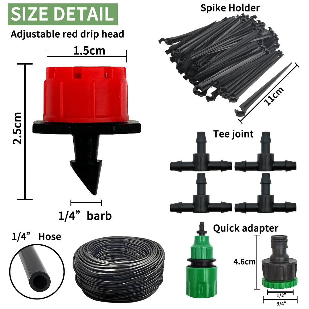 Portable micro drip irrigation kit showing a red drip head, barb, hose, and tee joint components.