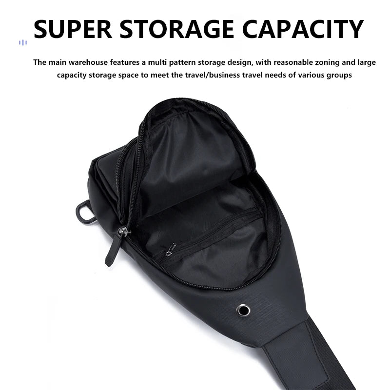 Black men's adjustable crossbody chest bag designed for travel and commute.