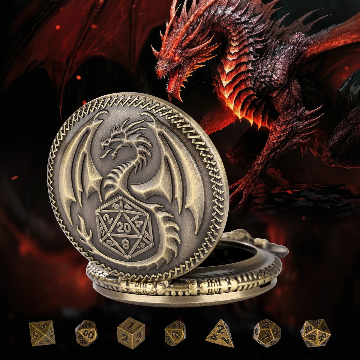 A silver dragon-themed pocket watch dice case with seven metal polyhedral dice set against a dark, fiery background.