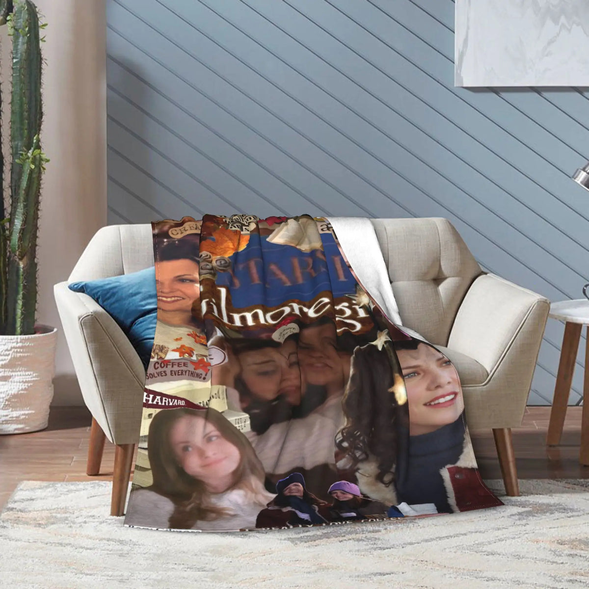 A throw blanket featuring a collage of Gilmore Girls characters and scenes.