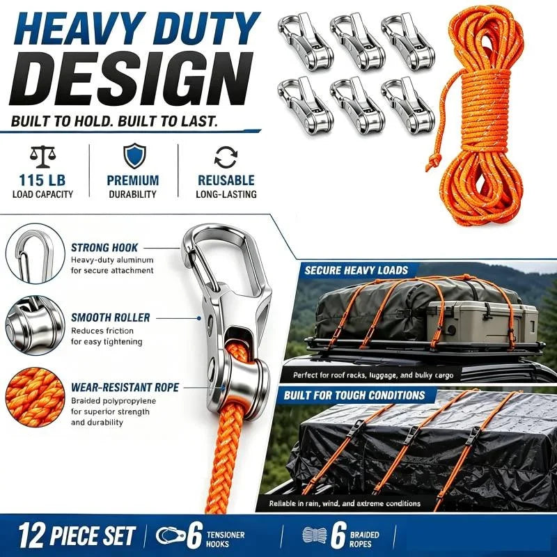 A set of 12 heavy duty aluminum alloy tent ropes and hooks for securing loads.