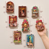 A collection of DIY book nook fridge magnets featuring miniature scenes with LED lighting.