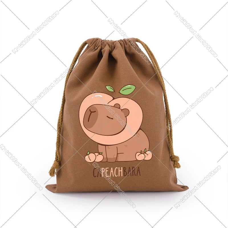 A brown drawstring storage bag featuring a cute capybara illustration.