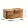 A rectangular woven rattan storage basket with a lid, showing its dimensions.