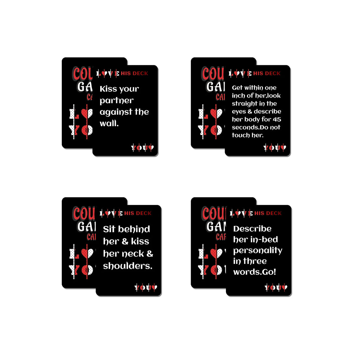 Three cards from an intimate couple's challenge game featuring prompts like Kiss your partner against the wall and Sit behind