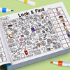 A page from a Look & Find activity book filled with various hidden objects for children to find and mark.
